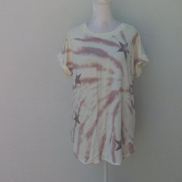 NEW Brit.NY Women's Knit Top Size Large Cream with Purple Stars Tie Dye Tee - Picture 5 of 5
